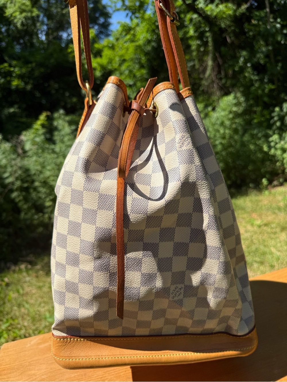 Louis Vuitton Damier Azure Drawstring Shoulder Bag with Tan Leather Trim